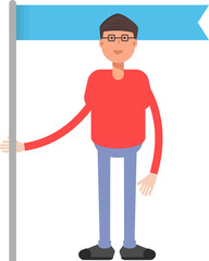 Nerd Boy Character Holding Flag Pole
