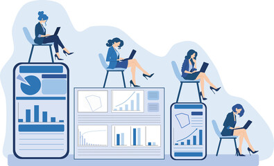 タブレットのあるオフィスで仕事をする女性実業家のイラスト