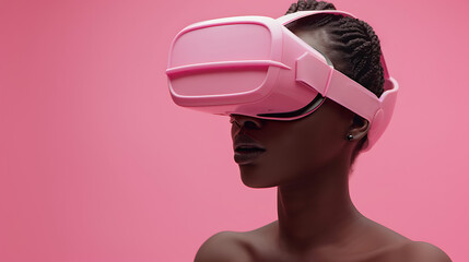a girl in a Pink vr headset and Pink background on the isolated hue background