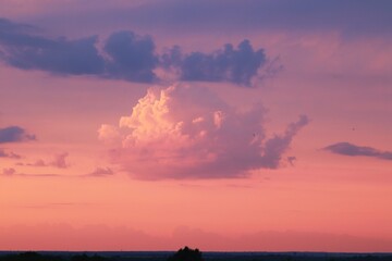 Fototapeta premium Beautiful blue sky with pink clouds illuminated by the setting sun. Sunset, evening, cumulus and cirrus clouds. 