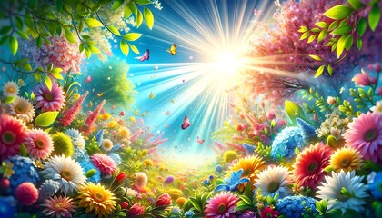 Obraz na płótnie Canvas Spring summer vibrant color background, Spring with rainbow flowers and butterflies