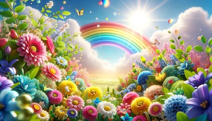 Fototapeta na wymiar Spring summer vibrant color background, Spring with rainbow flowers and butterflies