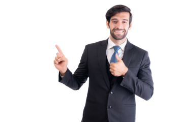 Smiling businessman in suit giving a thumbs up and pointing to the side, suggesting a positive outcome or agreement.
