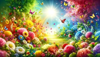 Fototapeta premium Spring summer vibrant color background, Spring with rainbow flowers and butterflies