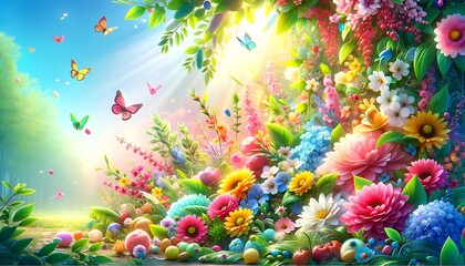 Fototapeta na wymiar Spring summer vibrant color background, Spring with rainbow flowers and butterflies