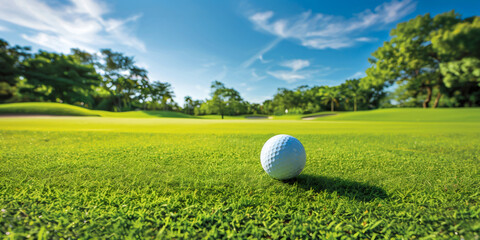 White golf ball on the green grass.