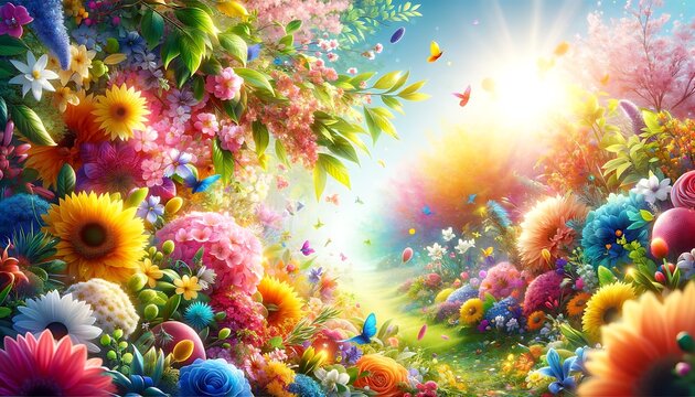 Spring summer vibrant color background, Spring with rainbow flowers and butterflies