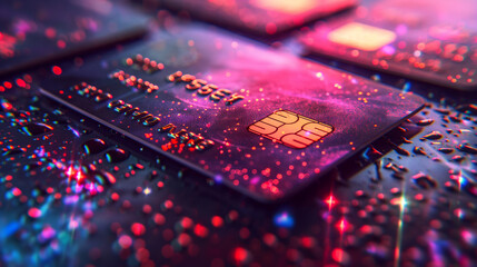 Technological shopping revolution: Illuminated credit cards ready for secure, futuristic shopping experiences - obrazy, fototapety, plakaty