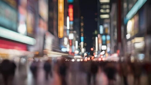 time-lapse of a bustling city street at night in a blurry vision, capturing the movement and lights