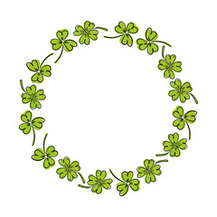 Fototapeta premium Vector, round illustration of clover leaves, hand-drawn in the style of doodles. St. Patrick's Day. An Irish illustration.