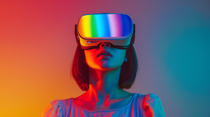 a girl in a rainbow vr headset and rainbow background on the isolated hue background