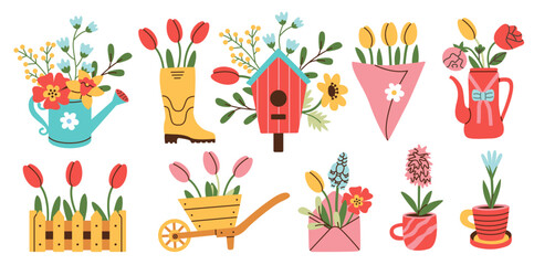 Set of spring hand drawn elements. Floral decor. Flowers, branches, bouquets, watering can, teapot, birdhouse. - obrazy, fototapety, plakaty
