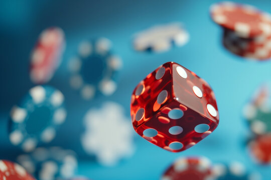 Red dice and casino chips for casino theme concept background. Generative AI