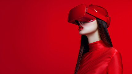 a girl in a red vr headset and red background on the isolated hue background