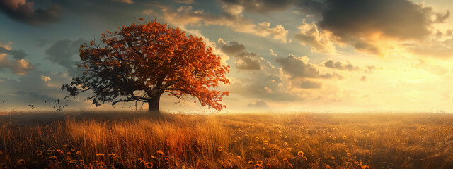 A wonderful nature landscape, big tree, warm tone photography banner.