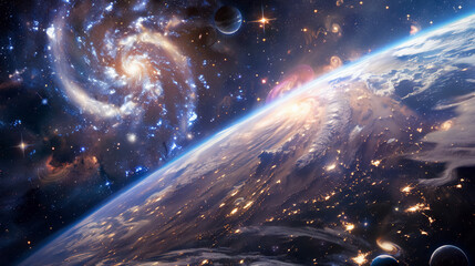 A planet and galaxy landscape in space.