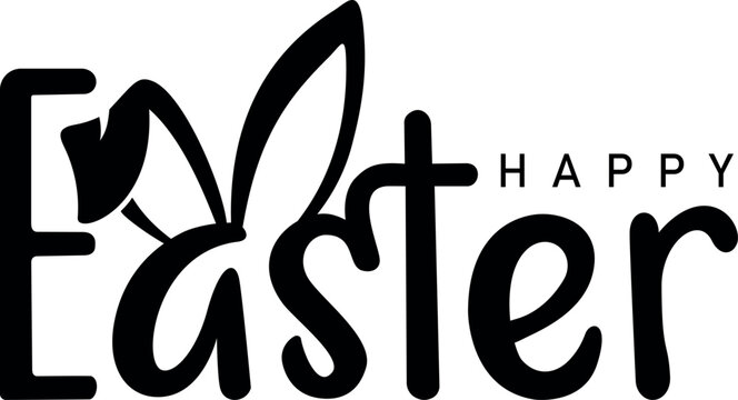 happy easter lettering with bunny`s ears, black silhouette vector illustration,isolated on white background,design element for easter themes