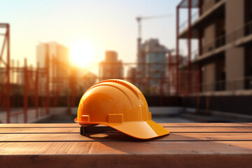 construction helmet on wooden table, yellow, building background