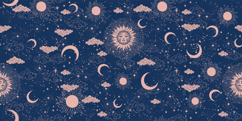 Sun with face, clouds and stars, seamless celestial pattern for fabric, mystical astrology background, horoscope vector ornament. Zodiac banner for text.