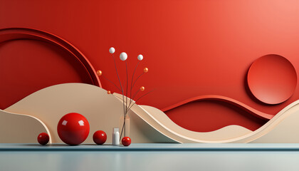 Minimalist 3D background with abstract waves on the wall and spheres and flowers - realistic wallpaper created with a generative ai technology