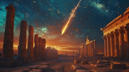 Medium shot of a holographic projection within a museum showing ancient ruins being obliterated by a comet in minimalist style
