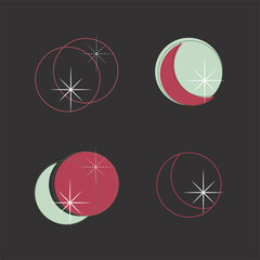 Fototapeta premium Bohemian Mystical Moons Boho Moon Phases Sun Suns Stars Star and Luna lunar Phases. Spiritual symbol logo icon flat design. Retro colors tarot astronomy astrology ornament. Esoteric decor vintage card