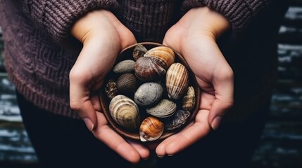 Cupped hands present a treasure trove of various seashells. Treasures of the sea, delicately held in palms