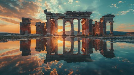Medium view of ancient ruins reflected in a still pool during golden hour minimalist ripples distorting the timeless architecture - obrazy, fototapety, plakaty
