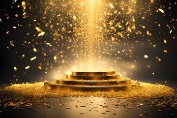 golden confetti shower cascading onto a festive stage - obrazy, fototapety, plakaty