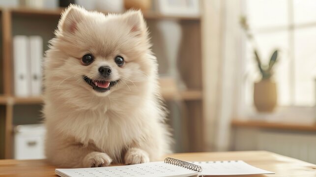 the cute pomeranian lies in front of the calendar