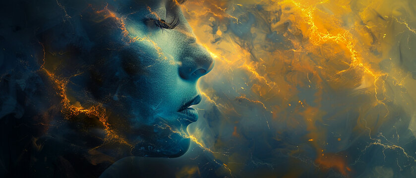 Woman's face with abstract fiery grunge texture. Blue yellow orange azure ultra wide gradient premium background. Suitable for design, banner, wallpaper, template, art, creative projects, desktop