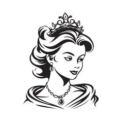 Beautiful princess girl with long hair wearing royal crown - Black and White vector queen portrait