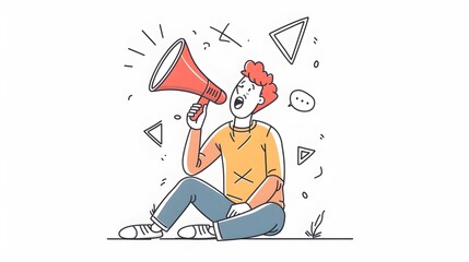 Do not forget something important loudspeaker banner to remind it a community. Flat line vector illustration of cute man sitting alone and shouting with red megaphone. Announcement or alert on white - obrazy, fototapety, plakaty