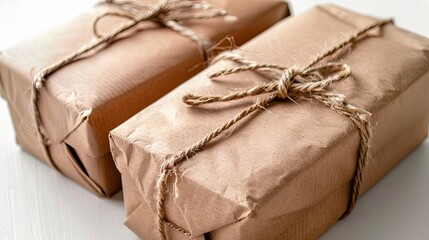 Gift boxes wrapped in brown paper and tied with twine on solid white background