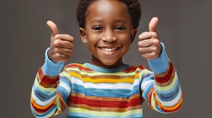 Portrait of a smiling black boy, with thumbs up, wearing colorful striped t-shirt, flat gray background, studio shoot.