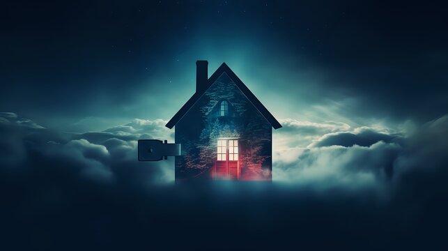 A house is floating in the clouds. It is night time and the star