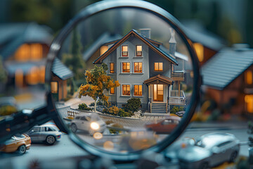 A miniature house seen through a magnifying glass, housing market, property inspection, real estate market concept