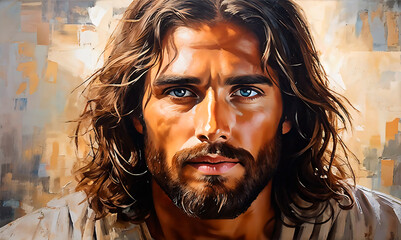 Serene portrait of Jesus Christ's face in oil painting style. Religious artwork.