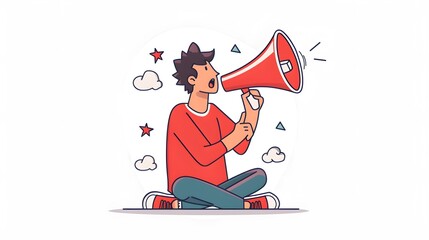 Do not forget something important loudspeaker banner to remind it a community. Flat line vector illustration of cute man sitting alone and shouting with red megaphone. Announcement or alert on white