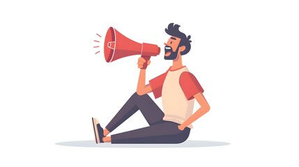 Do not forget something important loudspeaker banner to remind it a community. Flat line vector illustration of cute man sitting alone and shouting with red megaphone. Announcement or alert on white - obrazy, fototapety, plakaty