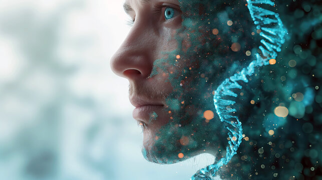 Double exposure image of nrs dna human model. Concept of the Genetic test. 