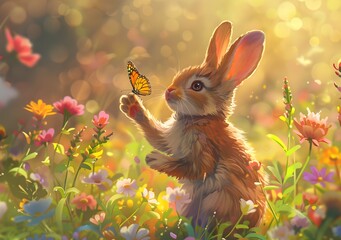 Bunny with a Butterfly on a flower meadow