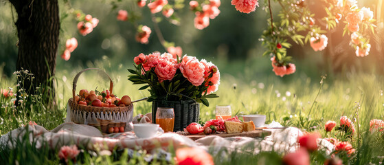 Naklejka premium Picnic at blooming peonies meadow.Tablecloth on the grass in a park. Outdoors rest. Breakfast on the nature. Generative ai