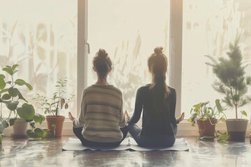 Yoga group concept. Young couple meditating together, sitting back to back on windows background. - obrazy, fototapety, plakaty
