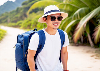 A boy smiling  with sunglass and a backpack on mountain background in summer 