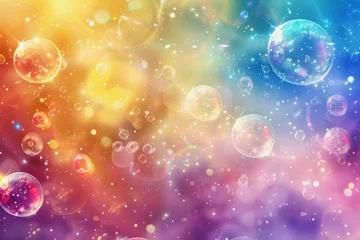Foto op Canvas Abstract PC desktop wallpaper background with flying bubbles on a colorful background. AI Generated. © PHAISITSAWAN