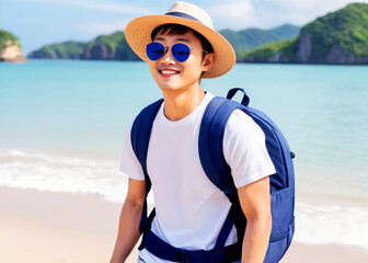 A boy smiling  with sunglass and a backpack on mountain background in summer 