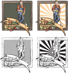 Farming Vector Illustrations Set in Woodcut Style. Fictional Senior Farmer Character with Abundant Garden Harvest.