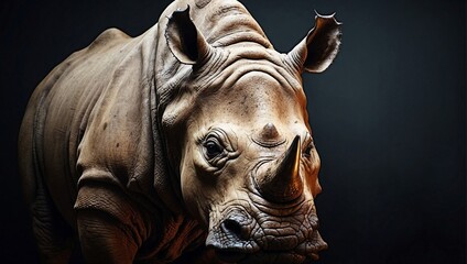 Cover page with portrait of huge African rhino with a big horn at dark background with copy space, closeup, details. Species extinction with habitat destruction concept illustration