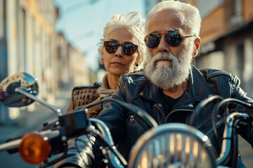 A senior couple enjoying life riding on a motorcycle together, active living 